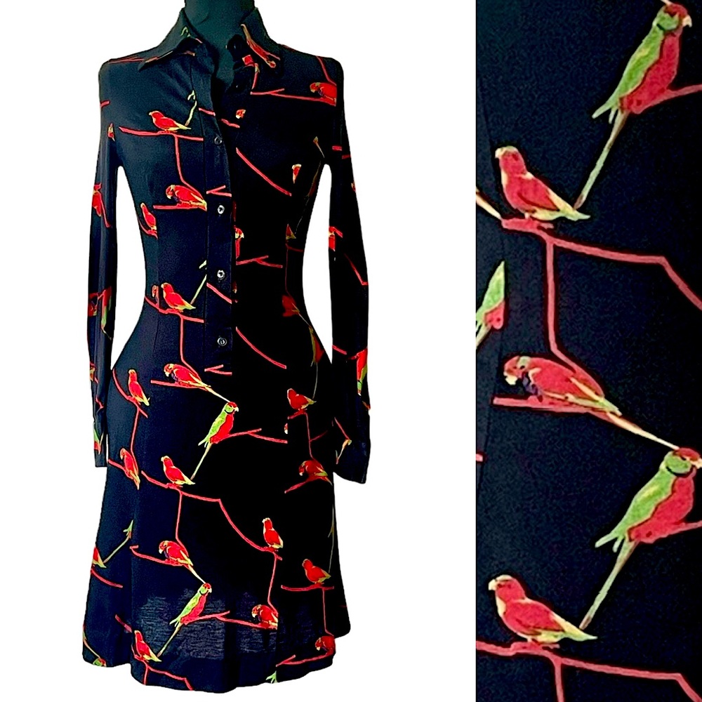 SOLD 70s Shirt Dress Bird Print Dagger Collar Sexy Dress Italy - Picture 1 of 7
